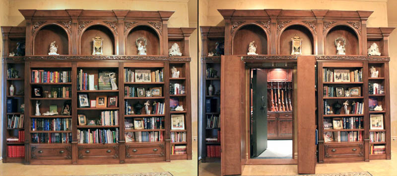secret bookcase door open and closed leading to a gun room