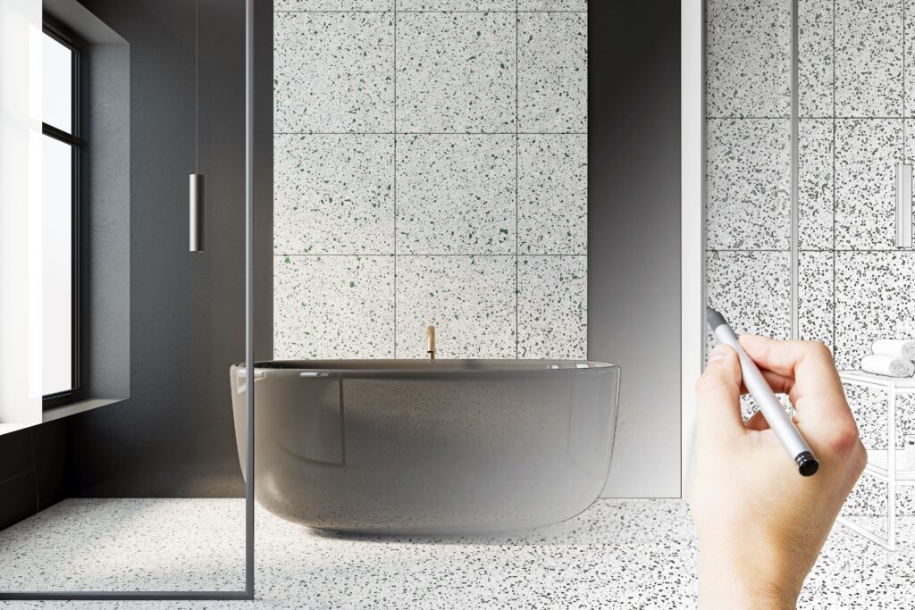 someone sketching a rendering of a bathroom
