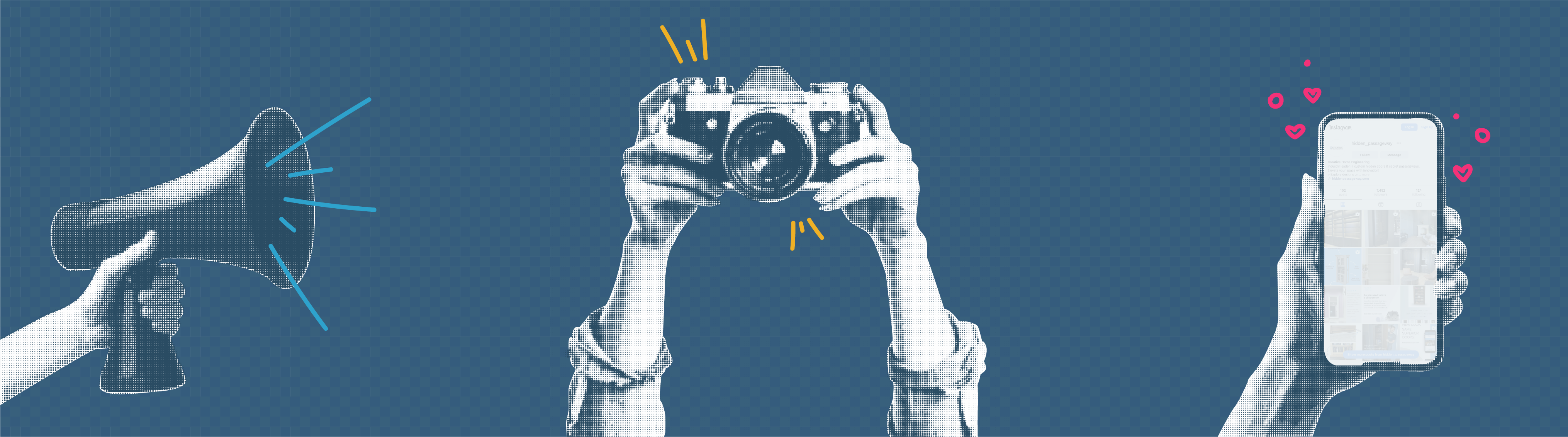 digital illustration of a person holding a camera, cell phone, and megaphone