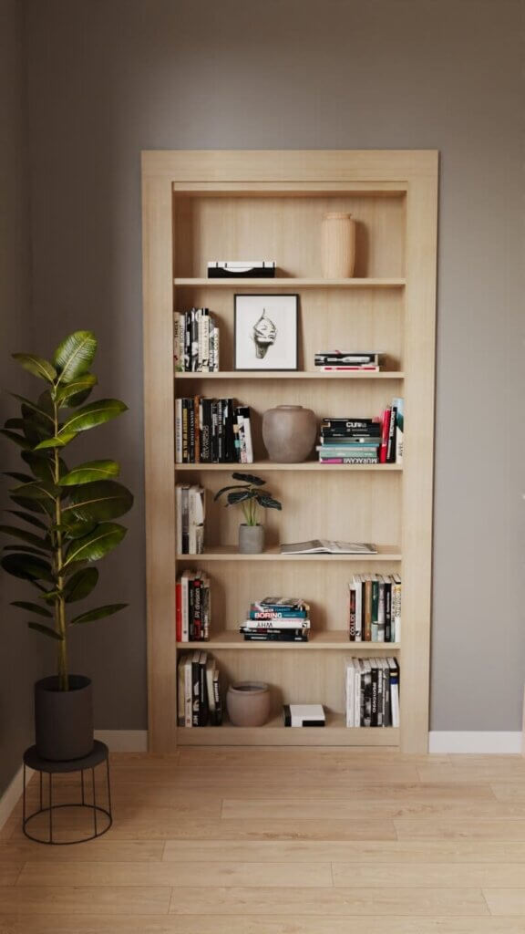DIY Bookcase Hidden Door Kit, filled with books, vases, and decor
