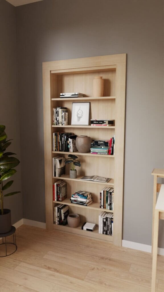 A DIY Bookcase Hidden Door Kit serves as a built-in wooden bookshelf, filled with books, décor, art, and vases.