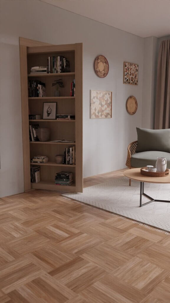 A DIY Bookcase Hidden Door Kit, a round coffee table set with teapot and cups.