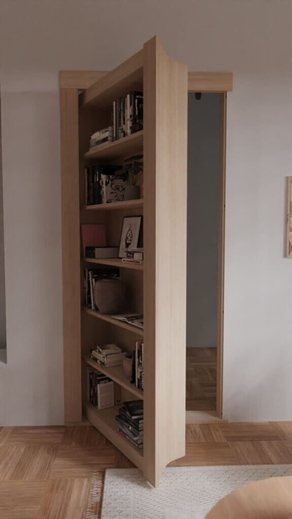 The DIY Bookcase Hidden Door Kit, filled with books and decor, is partially open to reveal a secret room behind it. The wooden floor features a light-colored rug in front of the hidden door.