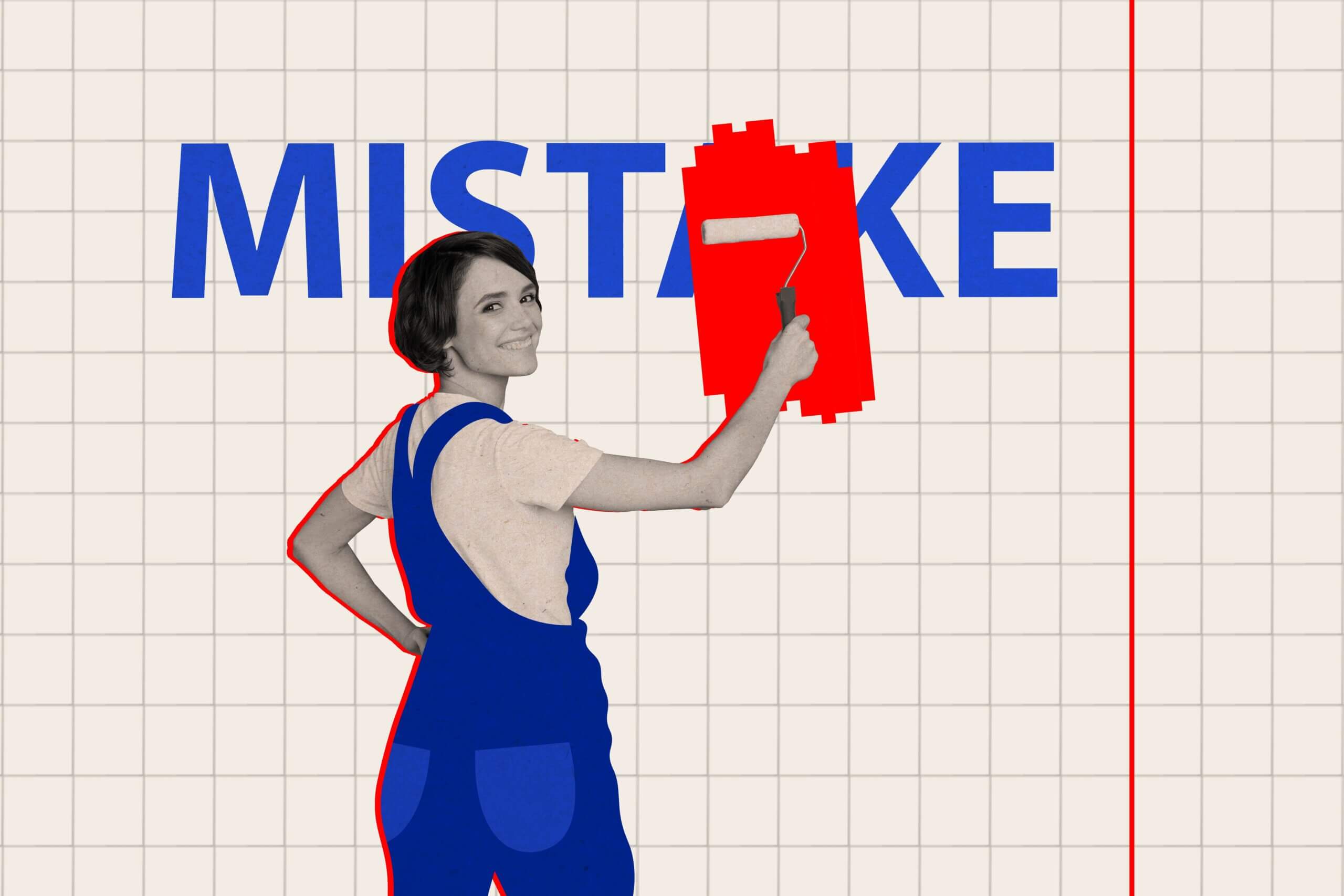 Graphic illustration of a smiling woman painting over the word “MISTAKE” with red paint.