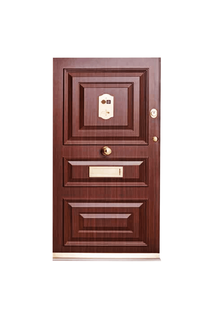 Heavy-duty brown security door with ornate panels, brass accents, and a central peephole viewer. Embassy Series.
