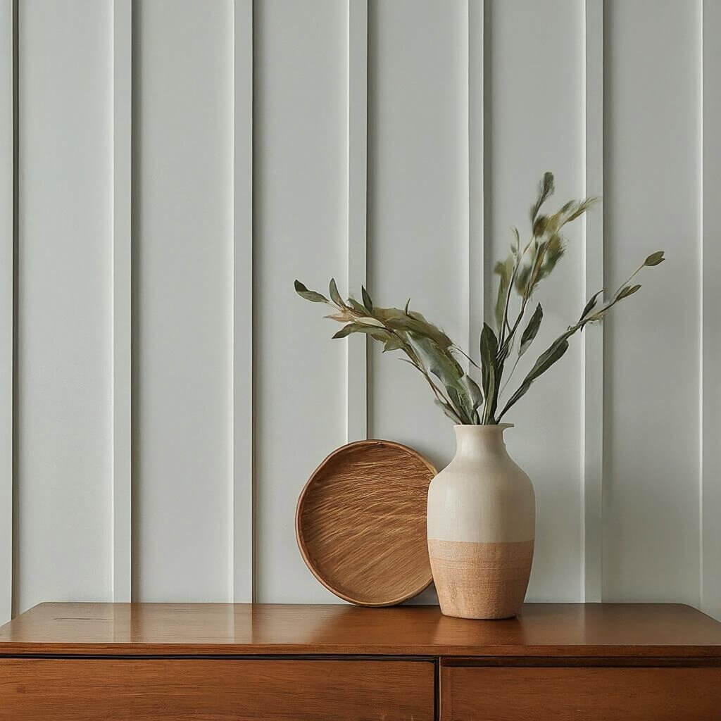  Light gray vertical panel wall with minimalistic decor—a ceramic vase with greenery and a wooden plate on a mid-century cabinet.
