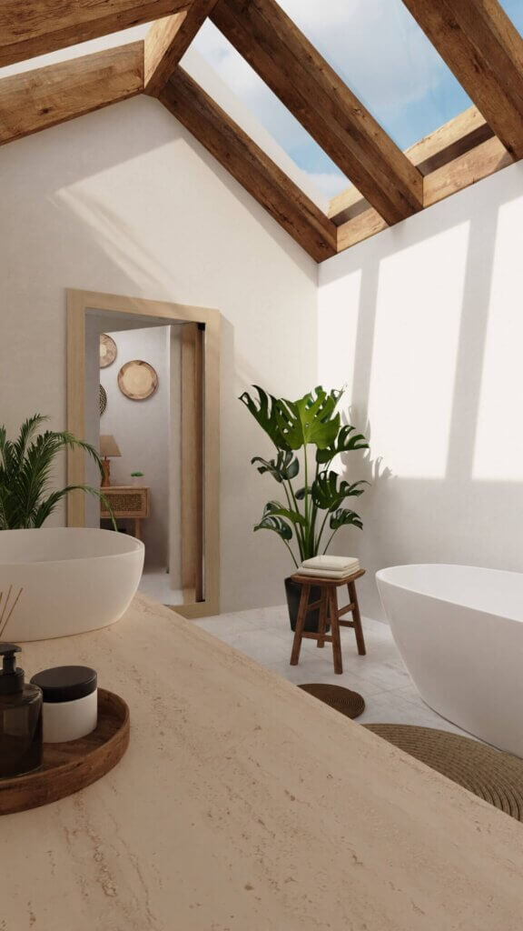 Bright, airy bathroom with vaulted wood ceiling and hidden mirror door open to reveal a cozy, connected space, surrounded by greenery. Hidden Door Store.
