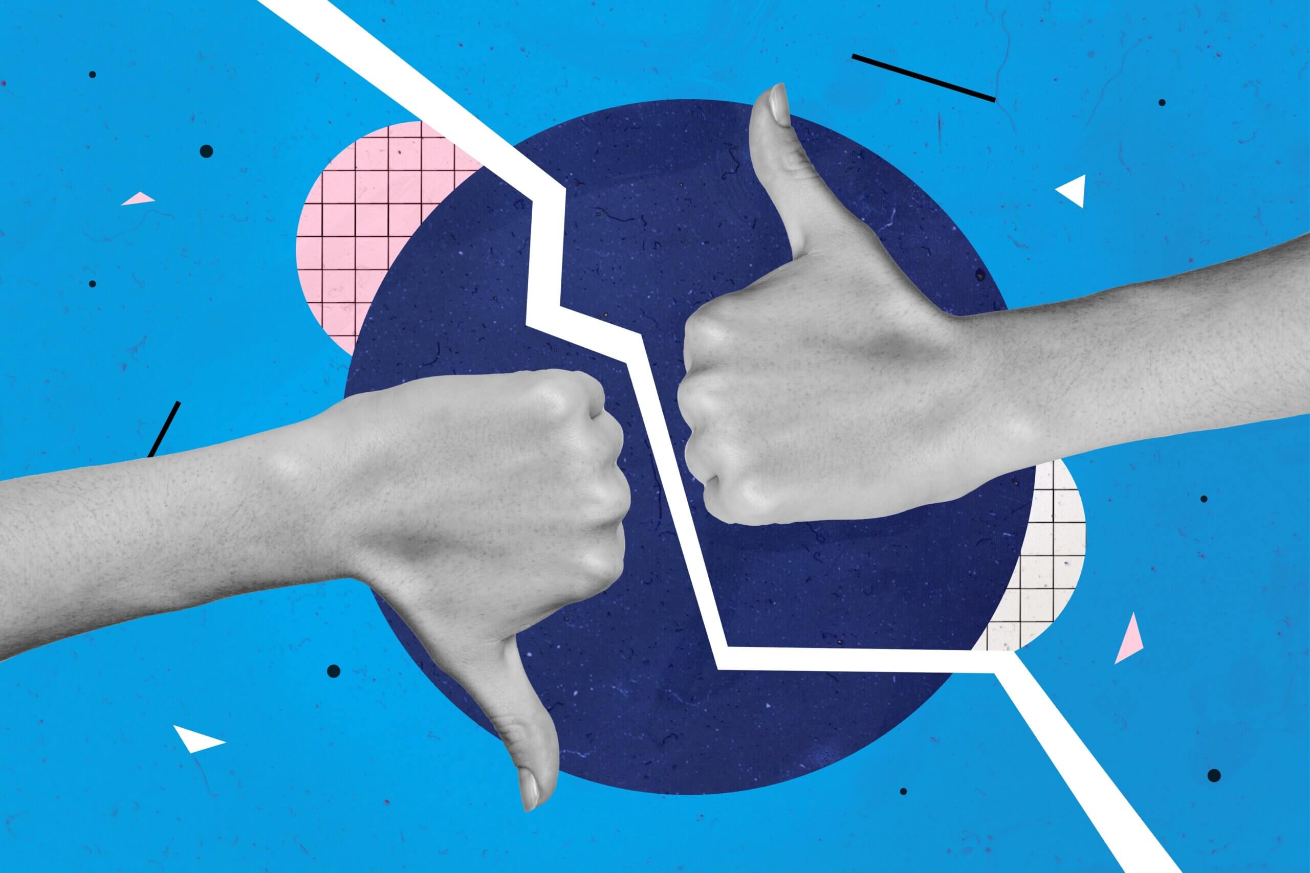 Split image with two hands against a blue graphic background — one hand giving a thumbs down on the left, and one hand giving a thumbs up on the right, separated by a jagged white dividing line.