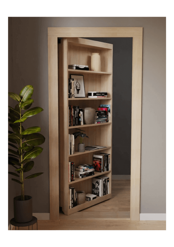 A light wood DIY hidden bookcase door kit partially open, revealing a doorway behind it. The bookcase is filled with books and decorative items. A potted plant sits nearby on the left, highlighting the sleek and modern home design.