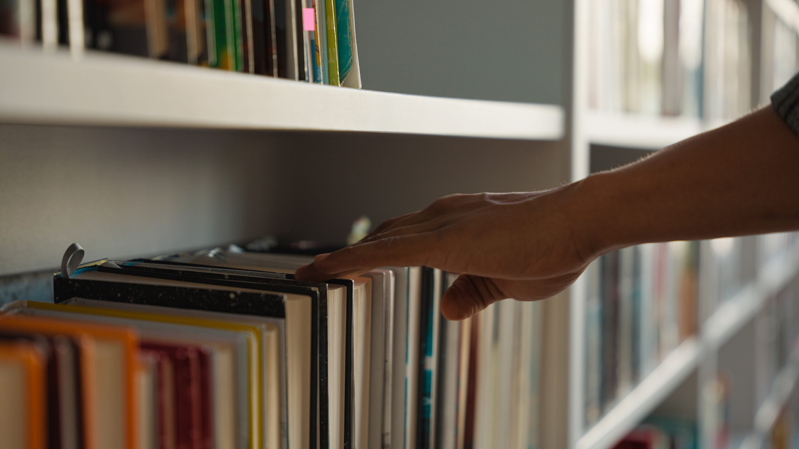 Person browsing books on a bookshelf, hand selecting a book from a neatly organized shelf.