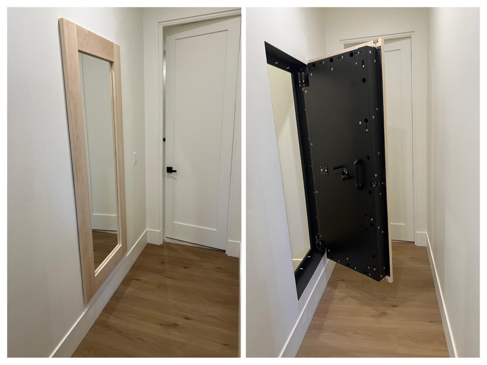 Side-by-side view of a full-length mirror hidden door flush with the wall and opened to reveal a concealed vault-style door.
