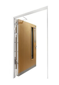 Open commercial security door with reinforced steel frame, narrow vision panel window, and heavy-duty locking hardware designed for secure facility and industrial applications.
