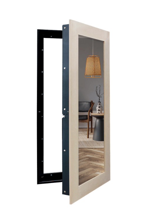 A hidden door with a mirror, partially open, reveals a cozy living room with a chair, side table, vase, and hanging woven lamp.